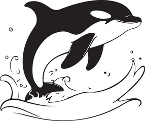 Vector art of orca jumping out of the water in black and white