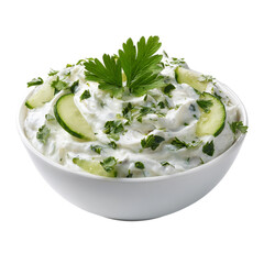 Creamy yogurt dip with cucumber onion and parsley on transparent background