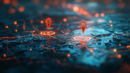 Digital map with two pins, showcasing AI technology in GPS
