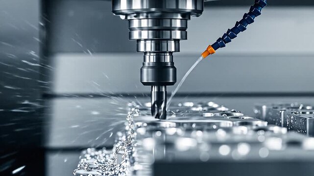 CNC milling machine drilling a hole into a metal part.