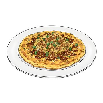 Traditional Jakarta Omelette Kerak Telor with Shrimp Noodles and Coconut Grating Flat Illustration