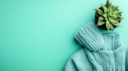 Top view of cozy turquoise sweater and green succulent plant on mint background