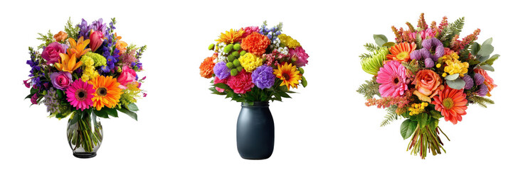 Obraz premium Collection of three lush, colorful floral arrangements featuring roses, gerbera daisies, and mixed spring blooms
