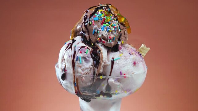Balls of chocolate ice cream in a glass bowl, drizzled with fruit syrup and slowly rotating against a brightly colored background.