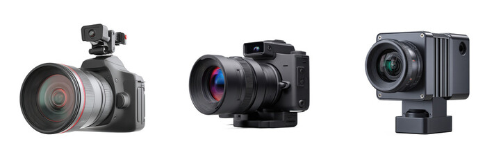 Fototapeta premium Three professional digital cameras and video equipment with large lenses isolated on a white background