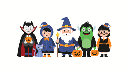 A friendly group of colorful cartoon characters dressed in Halloween costumes including a vampire a wizard a monster and two children holding jack o lanterns.