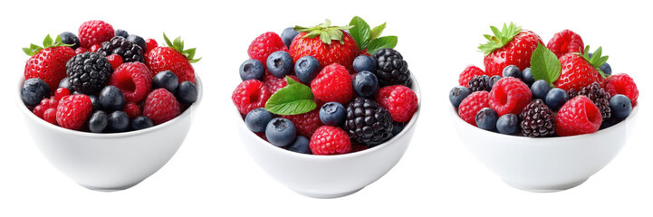 Collection of three white ceramic bowls overflowing with assorted fresh ripe summer berries and green leaves