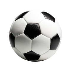Classic black and white soccer ball, sharply focused, against a black background, showing textured leather panels