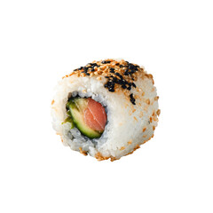 Single sushi roll, white rice, salmon, avocado, sesame seeds