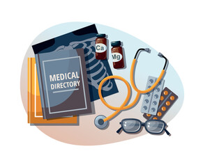 Image Diagnostic Healthcare Tool. Medical Stethoscope, Chest X Ray, pills, textbooks and glasses on white. Top view.