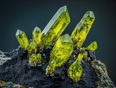 Vibrant yellow crystals on rock formation against a dark background mineral specimen - Powered by Adobe