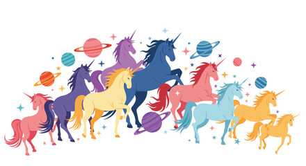Fototapeta premium A vibrant herd of colorful unicorns galloping through a whimsical starry galaxy with celestial bodies and planets.