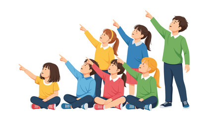 Fototapeta premium A Diverse Group of Children Pointing Upwards Together in a Classroom Setting.
