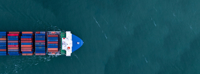 Aerial view container ship cargo shipping business logistic import and export freight transportation by container ship in open sea, Container loading cargo freight ship boat.