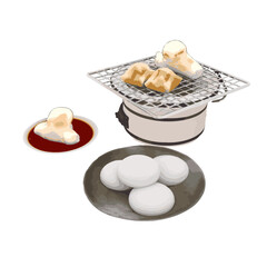 Traditional Japanese Charcoal Grill with Roasted Mochi – Winter and New Year Cuisine Illustration.3D render Blender render.