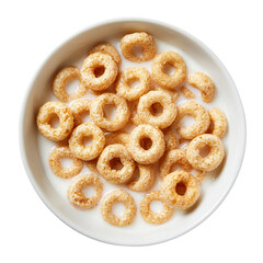 crunchy cereal rings floating in milk on transparent background