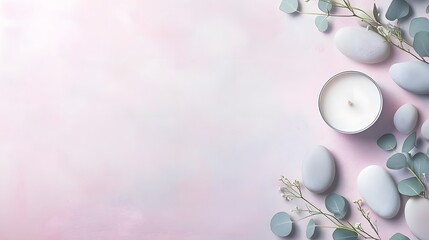 Elegant spa and wellness still life with candle, stones and eucalyptus leaves