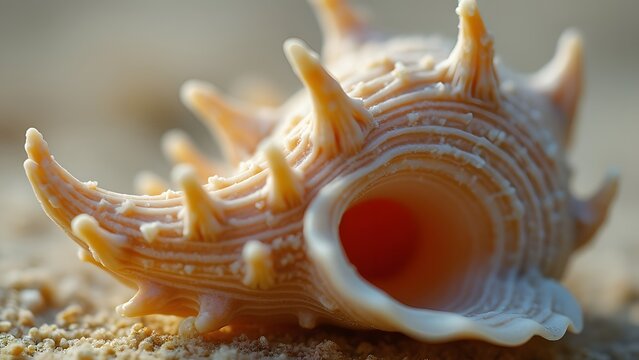 Closeup Spiky Seashell on Sandy Beach Macro Photography