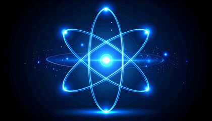 Abstract atom illustration on black background with glowing blue light, conveying science, technology and energy in molecular concept