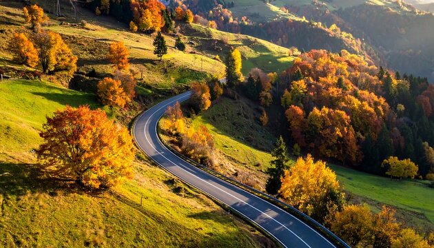 Winding road amidst vibrant autumn foliage on rolling hills