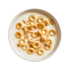 crunchy cereal rings floating in milk on transparent background