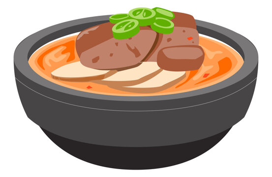 Korean sundae guk vector illustration showing blood sausage soup with vegetables and broth, traditional Korean dish.