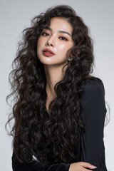 Naklejka premium A woman with long, curly hair poses for a photo