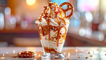 Sweet and salty ice cream sundae with pretzels and caramel drizzle