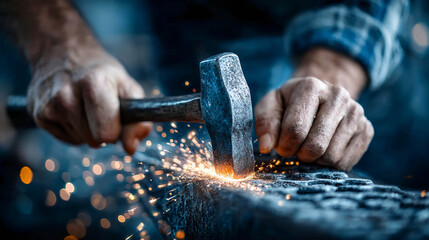 A blacksmith striking metal with a hammer. Bright sparks appear in the process. A close-up of the hands and the hammer creates a dynamic sense of manual labor and craftsmanship.