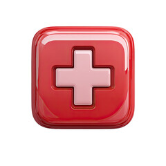 Fototapeta premium Glossy red square button featuring a pale pink cross, resembling a medical symbol
