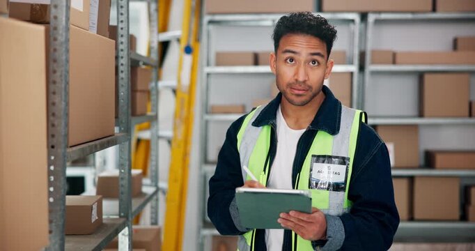 Man, count and boxes with tablet at warehouse for inspection, check stock of inventory management. Person, package and digital checklist for quality control, supply chain and distribution information