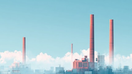 Obraz premium Industrial skyline with smokestacks and clouds under blue sky