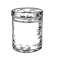 Round tin can, sketch. Vector illustration. Packaging for storing food, canned food and sweets, a set, isolated on a white background. Food and cuisine theme of Christmas, New Year and holidays