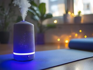 Aroma Diffuser on Yoga Mat, Relaxing Atmosphere, Blue Light, Home Spa