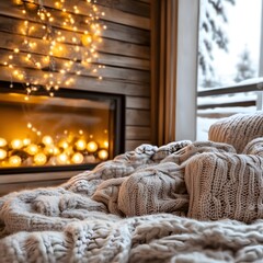 Cozy Winter Fireplace Scene with Knitted Blanket