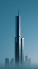 Obraz premium Majestic Skyscraper Surrounded by Misty Urban Skyline at Dusk