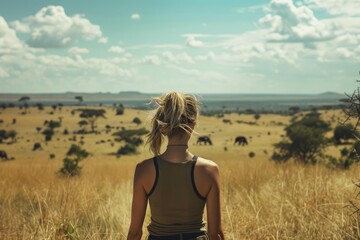 Blonde woman admiring elephants in the distance in the african savanna
