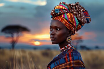Portrait of a young african woman wearing traditional clothing, posing in the savannah at sunset