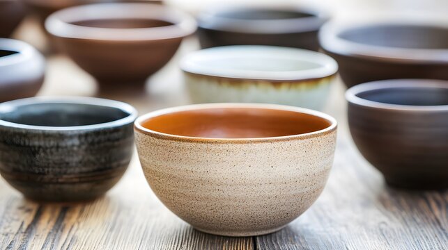 Collection of ceramic bowls in various colors on wooden table surface