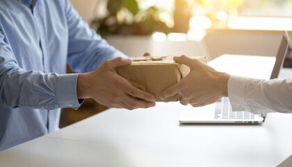 Fototapeta premium Handing over a gift package with a laptop in the background, symbolizing delivery and business transactions