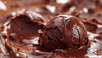 extreme close up of melting chocolate fudge ice cream