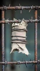 Rusty Barbed Wire Fence with Torn Rags Detail