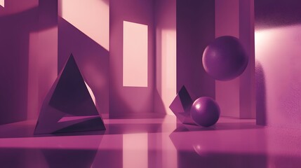 Abstract Purple Geometric Shapes Room Sunlight Minimalist 3D Render