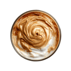 Dalgona coffee with whipped foam in a glass top view on transparent background