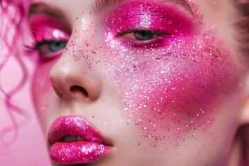 Beauty portrait of model wearing vibrant pink glitter makeup, showcasing a glamorous and artistic look