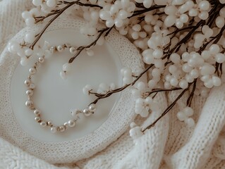 Elegant Pearl Necklace on Knit Sweater with White Berries