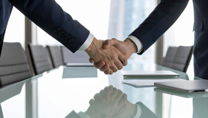 Businessmen shaking hands over a glass table in a meeting room, symbolizing agreement and partnership