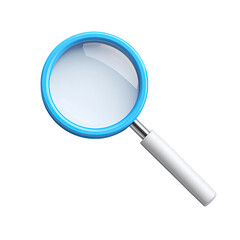 A bright blue-rimmed magnifying glass with a white handle, digitally rendered, isolated on a black background