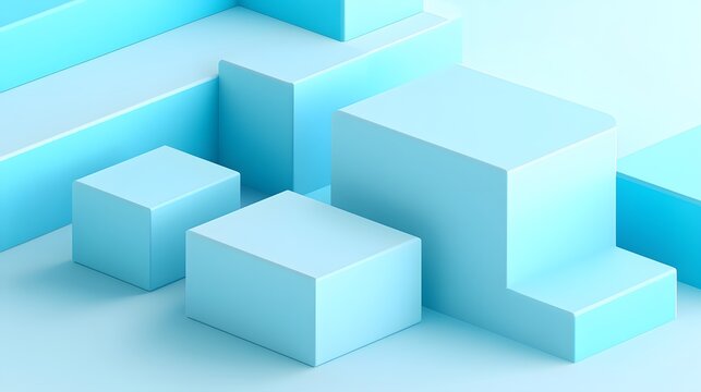 Minimalist light blue geometric shapes with cubes and platforms 3D rendering - Powered by Adobe