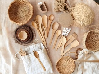 Flatlay Eco Friendly Wooden Utensils and Wicker Baskets